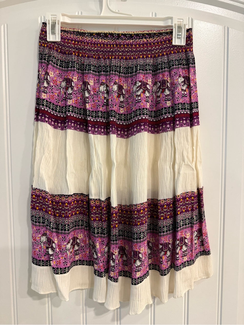 Cream Midi Skirt with Pink & Purple Ethnic Panels